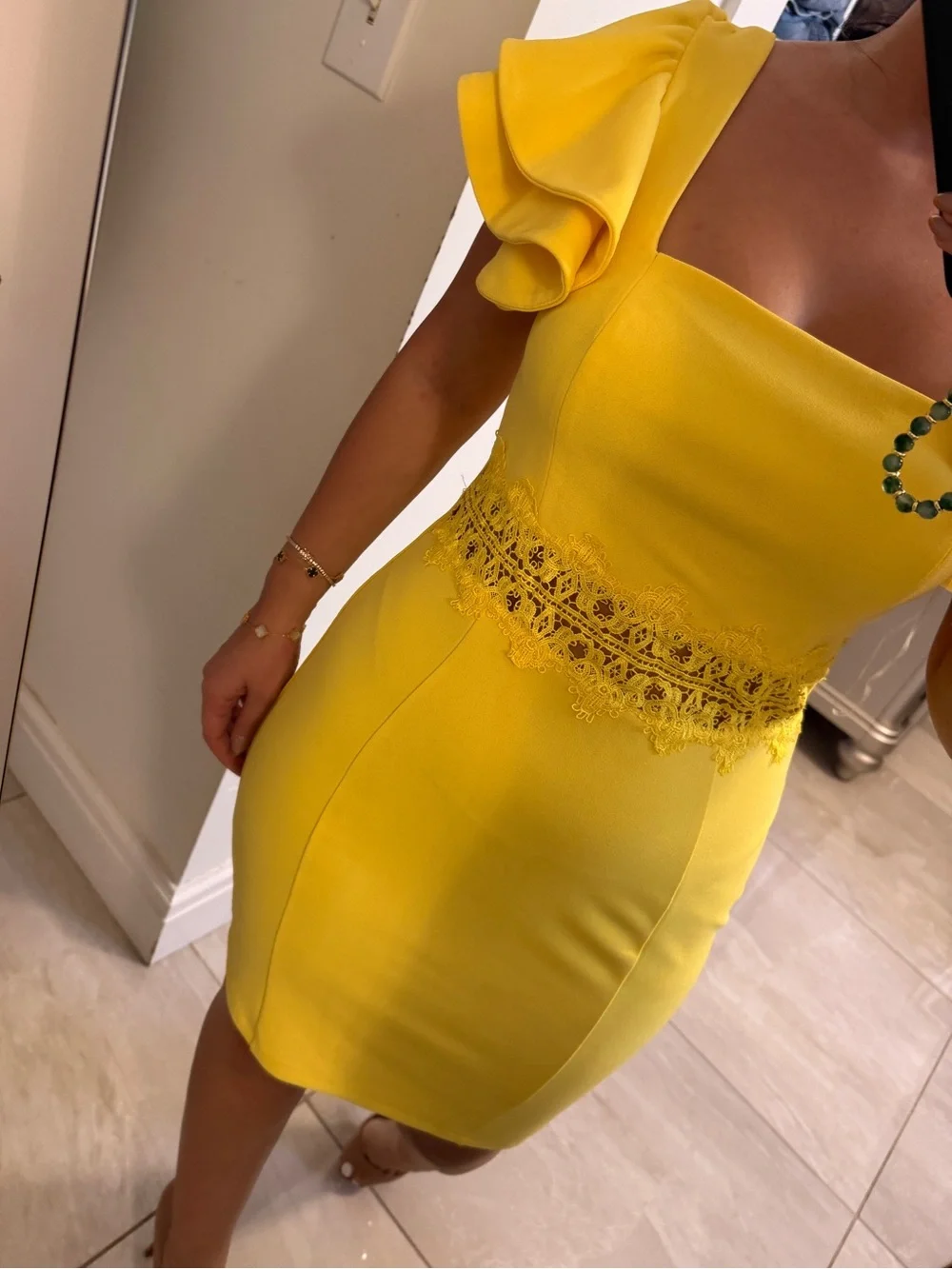 Yellow Ruffle Sleeve Lace Waist Sheath Dress